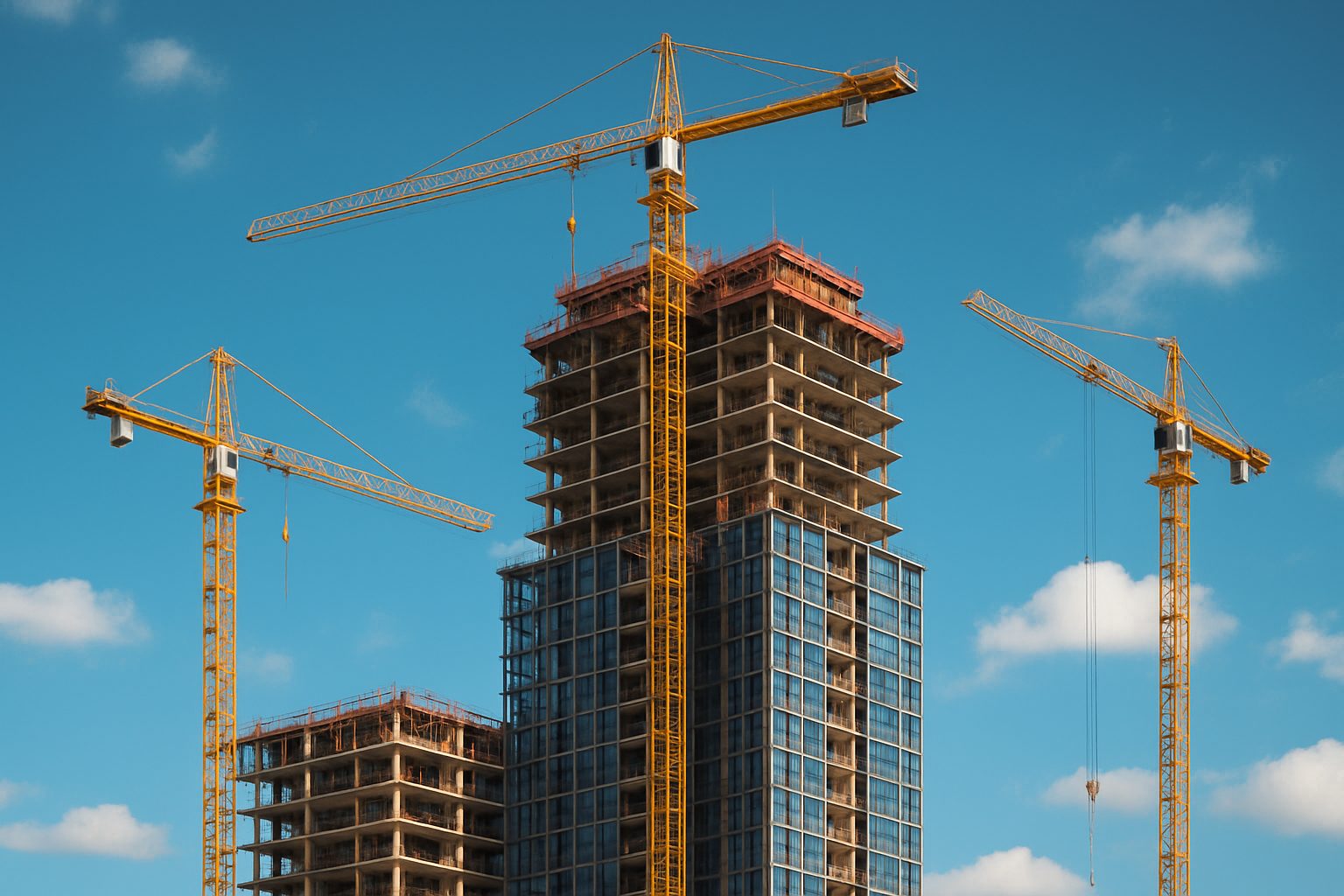 Construction site featuring multiple cranes and a tall building under development against a blue sky.