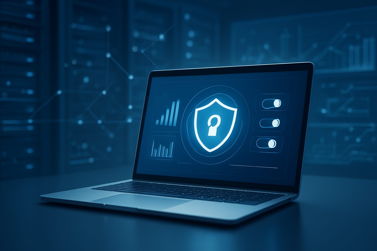 A laptop displaying a digital security interface with a shield and lock symbol, suggesting risk management tools in trad