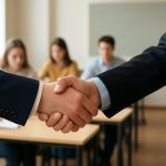 Close-up of two people shaking hands in a classroom setting