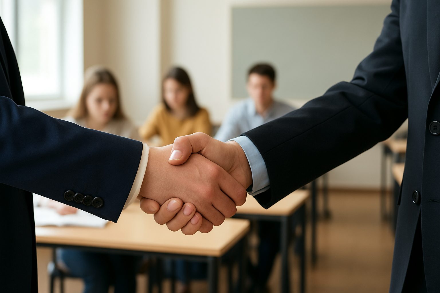 Close-up of two people shaking hands in a classroom setting